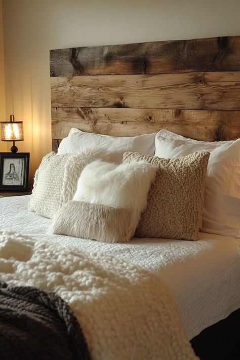 "Add rustic charm to your bedroom with a DIY Reclaimed Wood Headboard! 🛏️🛠️ Perfect for a unique, eco-friendly focal point. 🌿✨ #ReclaimedWood #DIYHeadboard #BedroomDecor" Diy Wood Headboard Ideas Rustic, Diy Reclaimed Wood Headboard, Wood Headboard Ideas, Wood Plank Headboard, Cozy Headboard, Plank Headboard, Rustic Apartment Decor, Diy Reclaimed Wood, Diy Wood Headboard