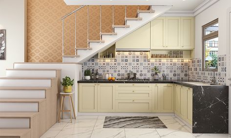 A small kitchen design under stairs in l-shaped is ideal for compact homes Kitchen Below Stairs, Kitchen Near Staircase, Kitchen Cabinet Under Stairs, Under Stair Kitchen Ideas, Kitchen Set Under Stairs, Kitchen Sink Under Stairs, L Shape Stairs Design, Small Kitchen Under Stairs Ideas, Kitchen Set Bawah Tangga