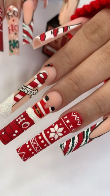 Honey Phan on Instagram: "Red Sweater Nails Tutorial 🎁 🎄🎄🎄🎄🎄🎄 Products used:Acrylic Pro Ombre 12, Pro Gel 102, gel paint, S6, pro gel art, Art brushes and matte topcoat. @honeysnailsecret Other Products used: XxL non C-Curve square tips, Acrylic Brush #16, EMA monomers. Available for purchased at location: 1. Honey Nail Supply6676 Arlington Blvd Falls Church VA 22042 2. Honey Nail Supply 2200 Norcross Pwk #245 Norcross GA 30071 Or on website www.Honeysnailsecret.com #nails #nailsdesigns #longnailsdesign #cutenails #nailart #glownails #nailideas #handpaintednails #ombrenails #nailart #nudenails #simplenails #cutenails #pinknails #yellownails #bluenails #purplenails #pastelnails #discogel #flashgel #explorepage #explore #nailsdesign #christmas #christmasnails #nailtutorial #snowflakes Fall Nails With Orange, Over The Top Christmas Nails, Christmas Nails Drawing, Christmas Nails With Cross, Christmas Freestyle Nails, Xl Christmas Nails, Ugly Sweater Nails, Christmas Theme Nail Art, Almond Christmas Nails Designs