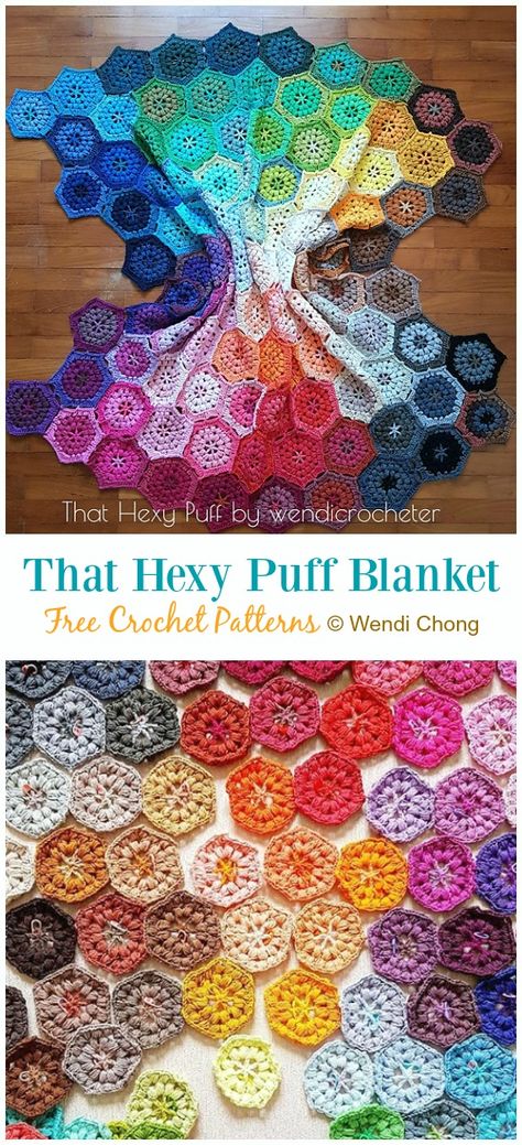 That Hexy Puff Blanket Crochet Free Pattern - Hexagon Blanket Free Crochet Patterns Aesthetic Crochet Blanket, Puff Blanket, Crochet Hexagon Blanket, Hexie Patterns, Hexagon Blanket, Hexagon Crochet Pattern, Pattern Board, Lace Shawls, Crocheted Afghans