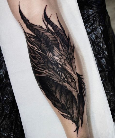 Wyrm Tattoo Design, Black And Gray Dragon Tattoo, Knight Tattoo Sleeve, European Dragon Tattoo, Dark Dragon Tattoo, Dragon Skull Tattoo, Leg Tattoos For Guys, Eldritch Tattoo, Rush Tattoo