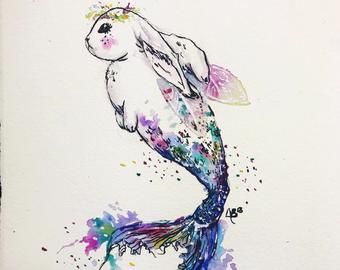 Bunny mermaid art | Etsy Bunny Watercolor Painting, Fairy Bunny, Creature Creation, Water Rabbit, Rabbit Tattoo, Bunny Watercolor, Underwater Painting, Glicee Prints, Rabbit Tattoos