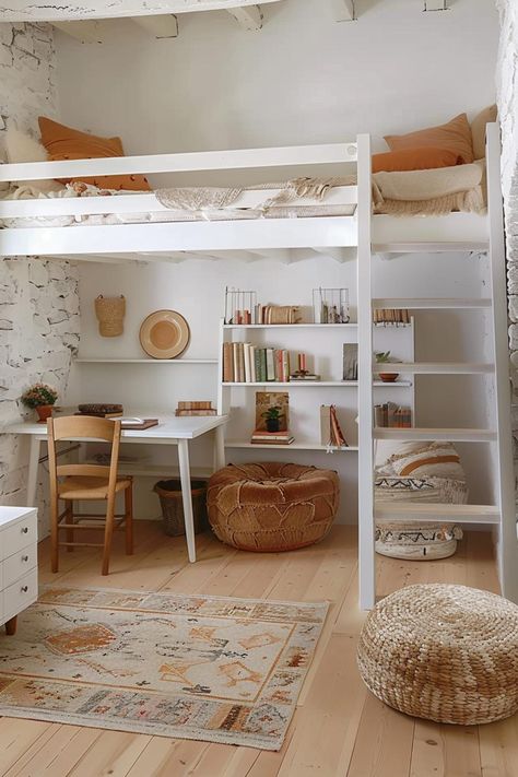 40 Loft Bedroom Ideas: Maximizing Your Space With Style Loft Bed Bedrooms, Teenager Loft Bed, Under Loft Bed Ideas Teenager, Sharing Room Ideas, Girl Loft Bed, Bedroom With Loft Bed, Under Loft Bed Ideas Kids, Built In Loft Bed, Under Loft Bed Ideas