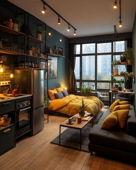 𝐒𝐦𝐚𝐥𝐥 𝐒𝐩𝐚𝐜𝐞 𝐋𝐢𝐯𝐢𝐧𝐠 Black Studio Apartment, Industrial Loft Design, Loft Designs, Black Studio, House Decorations, Studio Room, Big Windows, Home Design Living Room, Best Of Both Worlds