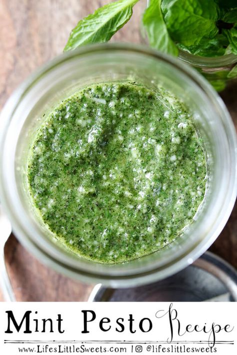 Mint Pesto is made with fresh mint which is then blanched and blended with pine nuts (or almonds), Parmesan cheese, fresh, garlic, olive oil salt & pepper. Enjoy this mint pesto recipe on pasta, as a spread on toast, with salad or other recipes. #mint #pesto #recipe #almonds #pinenuts #Parmesancheese #spread #dressing #foodprocessor #garlic #oliveoil #veganoption #vegetarian Mint Pesto Recipe, Sauteed Beet Greens, Mint Pesto, Tomato Mozzarella Basil, Quiche Lorraine Recipe, Roasted Garlic Hummus, Matcha Green Tea Latte, Mozzarella Salad, Vegan Parmesan Cheese