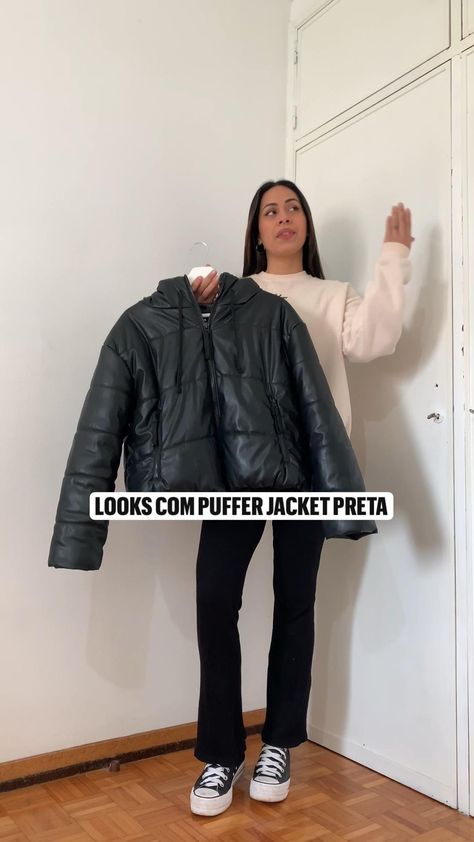 Outfits For Puffer Jackets, Puffy Cropped Jacket Outfit, Puff Black Jacket Outfit, Outfits With Bomberjack Jacket, Black Leather Puffer Outfit, How To Style A Puffer Jacket Black, Outfit Ideas With Black Puffer Jacket, Puffer Jackets Outfits, Black Puffer Winter Outfit