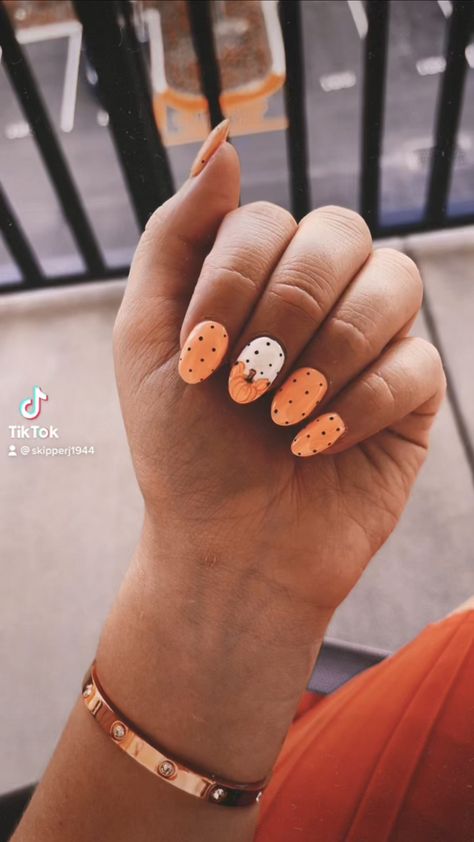 Nails, fall, Disney, pumpkin Cute Fall Nails Acrylic Almond, Fall Almond Nails Pumpkin, Autumn Nails Long Almond, Cute Fall Simple Nails, Almond Pumpkin Nails, Pokadot Nails Fall, White Nails With Pumpkin Design, Disney October Nails, Cute Fall Nails Designs