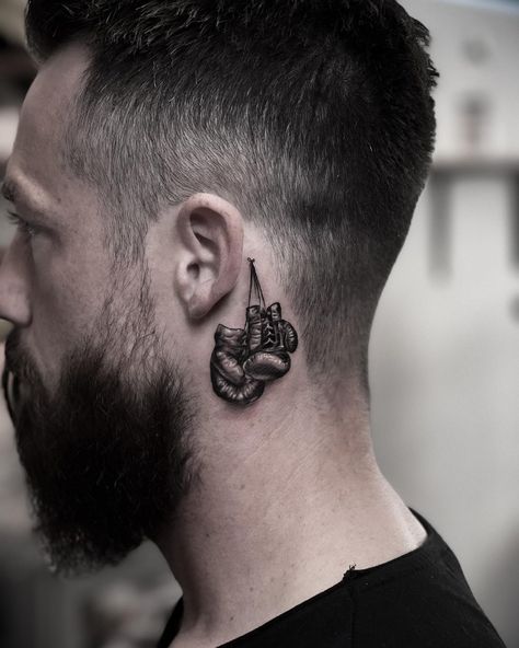 Neck Tattoos for Men: 60+ Cool & Sexy Neck Tattoo Ideas - 100 Tattoos Men's Side Neck Tattoos, Neck Tattoo For Guys Small, Wing Neck Tattoo, Side Neck Tattoo For Guys, Box Gloves, Flower Neck Tattoo, Front Neck Tattoo, Best Neck Tattoos, Small Neck Tattoos