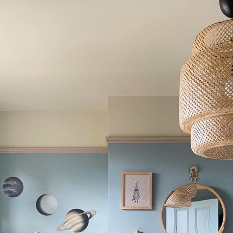 Farrow & Ball on Instagram: "Decorating a children's room isn't always easy but this beautiful space, created by Ruth from @design_soda_ruthie, hits the nail on the head. ✨  Head to our stories to see more of the bedroom and to see Ruth explain some of her inspiration for the space!  Featuring #OvalRoomBlue walls, a #SkimmedMilkWhite ceiling and a #DeadSalmon picture rail." Bedroom Picture Rail, Picture Rail Bedroom, Oval Room Blue, Slanted Ceiling, Dado Rail, Picture Rail, Bedroom Pictures, The Bedroom, Baby Room Decor