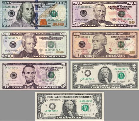 Here's a glance at the different types of modern U.S. paper money. public domain image. History Symbol, Preschool Math Games, Money Template, One Dollar Bill, Dollar Note, Money Worksheets, Money Bill, American Dollar, Silver Certificate