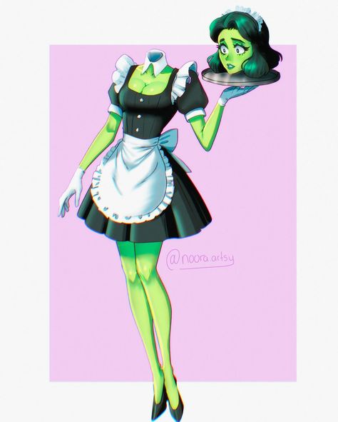 Heads up! 💀✨ ^^^^^^^^^^^^^^^^^^^^^ This imaginative artwork showcases a quirky, headless maid character holding her own head on a silver tray. The character is designed in a traditional maid’s outfit, complete with a black dress, white apron, and gloves. Her bright green skin adds a unique, slightly eerie twist to the overall composition. The character’s expression on her detached head is one of surprise or worry, contrasting with the calm, upright posture of her body. The soft pastel purpl... Headless Character Design, Headless Character, Maid Character, Upright Posture, Anime Zombie, Green Skin, White Apron, Heads Up, Fantasy Character