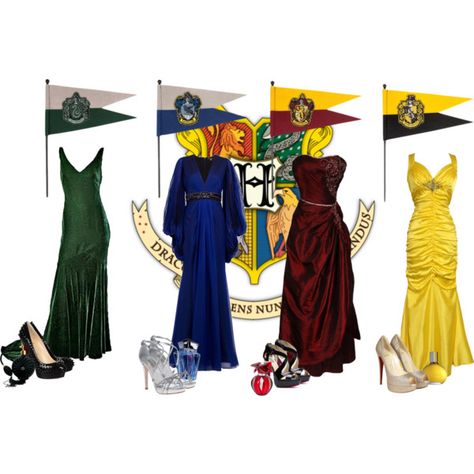 Hogwarts houses by kerry6590 on Polyvore featuring PacificPlex, Andrew Gn, Oscar de la Renta, Christian Louboutin,… Harry Potter Bridesmaid, Hogwarts Houses Outfits, Maquillage Harry Potter, Harry Potter Houses Outfits, Outfits Punk, Harry Potter Dress, Slytherin Fashion, Stile Harry Potter, Yellow Bridesmaid