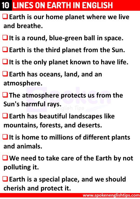 Sharing with you 10 Lines On Earth For Class 5, 10 Lines on Earth in English for Classes 1, 2, 3, 4, 5, 6, 7, 8. These 10 Lines, short and long essays are very helpful for all students and children. Also, I have shared key points to remember for primary students. 10 Lines On Earth For Class 5 ... Read more Poem On Environment In English, Importance Of Trees Essay, My Village Essay In English, Poem On Environment In Hindi, Earth For Kids, Wonder Of Science Essay, Table Topics, World Earth Day, Basic Grammar