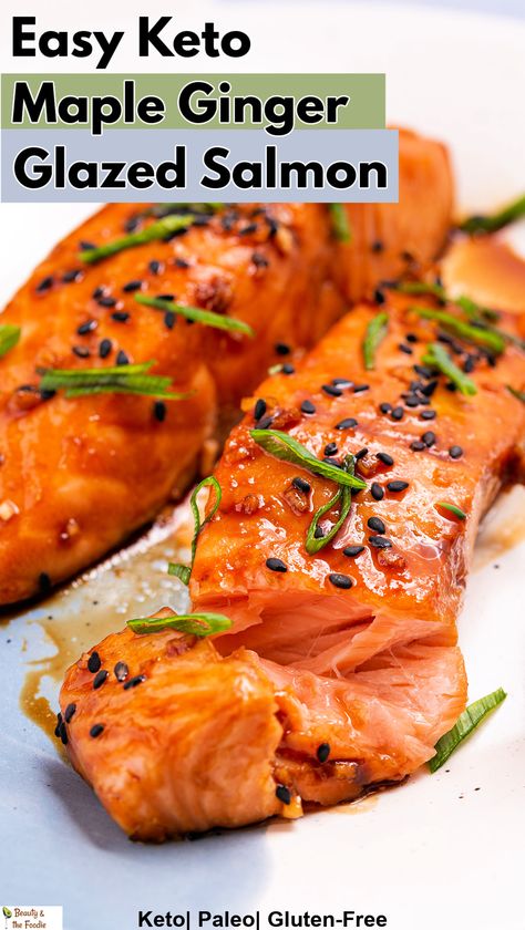 Two baked salmon fillets in an Asian maple ginger glaze with sesames seeds and green onion. Maple Ginger Salmon, Ginger Glazed Salmon, Salmon Keto, Ginger Glaze, Sheet Pan Salmon, Gluten Free Salmon, Maple Glazed Salmon, Ginger Salmon, Keto Salmon