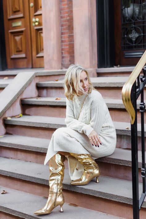 KNEE-HIGH GOLD BOOTS: AN UNEXPECTED OUTFIT-MAKER | These knee-high gold boots from Nordstrom...*sigh.* They bring me joy every time & pair unexpectedly well w/ sweater dresses & cropped jeans. | #TheMomEditStyle #GoldBoots #KneeHighBoots #GoldKneeHighBoots #MetallicGoldBoots #SweaterDress #CreamSweaterDress #StraightLegJeans #CroppedJeans #CashmereSweaterWomen #MidiDress #MidiSweaterDress #TallBoots #KneeHighBootsOutfit #JeansBootsOutfit #CozyOutfits #Nordstrom Tall Metallic Boots Outfit, Gold Boots Outfit Winter, Metalic Boot Outfits, Gold Knee High Boots Outfit, Gold Boot Outfit, Outfits With Gold Boots, Golden Boots Outfit, Gold Booties Outfit, Cream And Gold Outfit