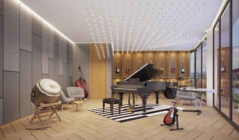 Gallery of BIG and Uribe & Schwarzkopf Unveil Rose-Colored Tower in Ecuador - 25 Luxury Music Room, Big Room Design, Music Room In House, Music Studio Room Luxury, Music Room Interior Design, Music Room Interior, Music Practice Room, Music Interior Design, Modern Music Room