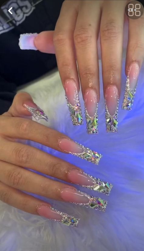 Dramatic Bling Nails, Full Bling Acrylic Nails, Rhinestone Junk Nails, Long Sparkly French Tip Nails, Birthday Vacation Nails, Bling Nails Rhinestones, Long Nails With Righnstones, Xxl Long Acrylic Nails With Charms, Long Purple Nails With Rhinestones