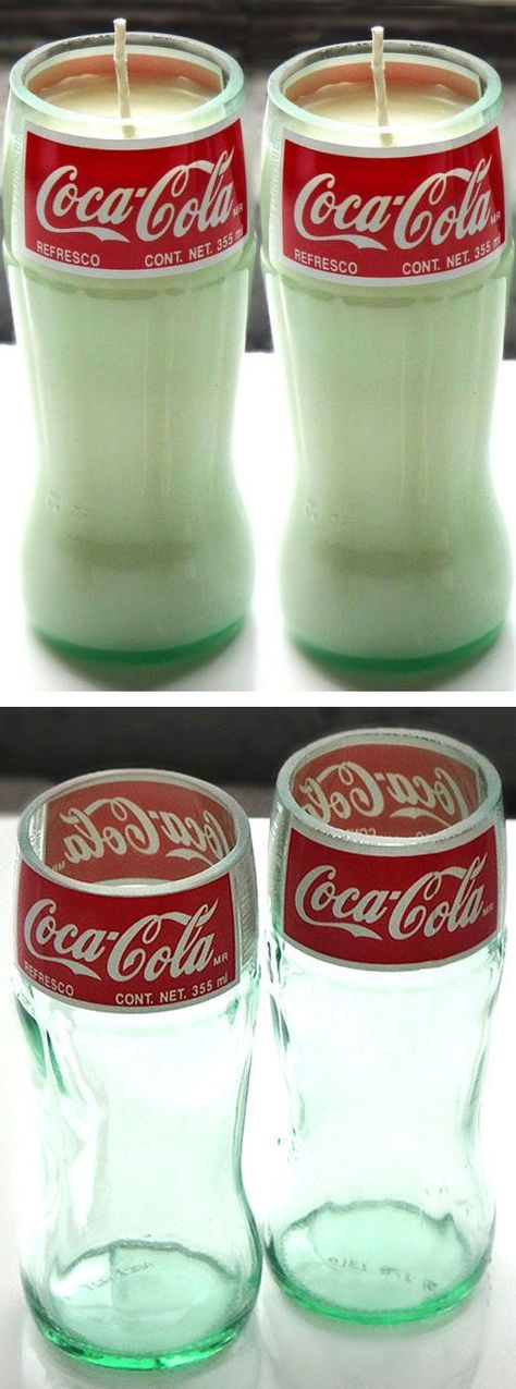 Recycled Coca-Cola Bottle Candle #diy #inspiration #recycle #coke Bottle Candles Diy, Coke Bottle Crafts, Glass Coke Bottles, Coca Cola Decor, Candle Diy, Bottle Candle, Coca Cola Bottles, Wine Bottle Diy Crafts, Bottle Candles