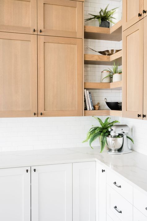 oak point kitchen two tone cabinets Kitchen Corner Floating Shelves, Corner Floating Shelves Kitchen, Corner Shelves Kitchen, Kitchen Corner Ideas, Model Dapur, Interior Dapur, Corner Kitchen Cabinet, Farmhouse Kitchen Remodel, Kabinet Dapur