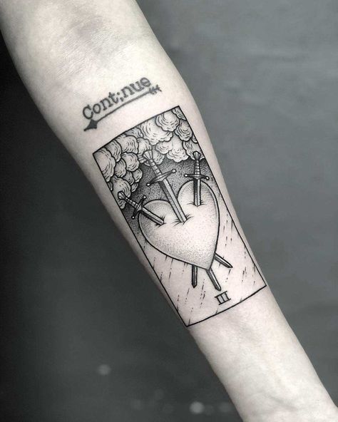 Heart and three swords by Lozzy Bones Tattoo inked on a forearm Three Swords Tattoo, Swords Tattoo, Deep Tattoo, Tattoo For Baby Girl, Best Couple Tattoos, Tarot Card Tattoo, Tarot Tattoo, Card Tattoo Designs, Hourglass Tattoo