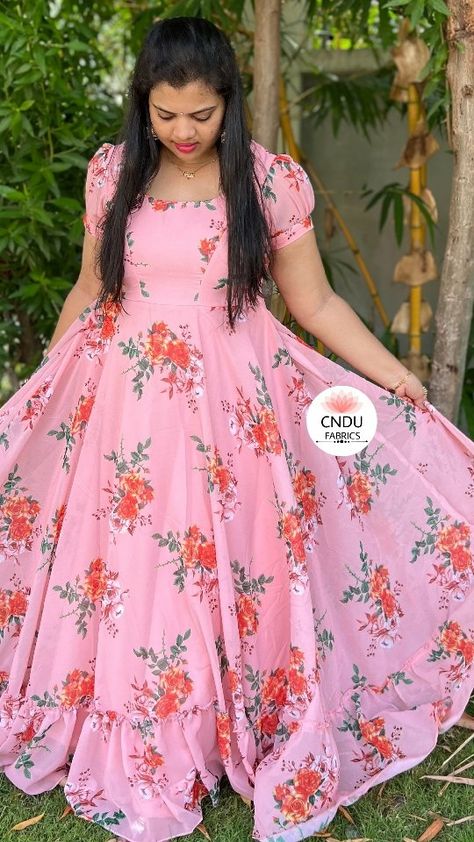 Peach Colour Gown Design, Hand Modles, Umbrella Dress Indian Pattern, Latest Long Frocks With Sarees, Hands Models For Long Frocks, Normal Frock Designs, Latest Long Frocks, Printed Long Frocks, Cotton Frocks For Women