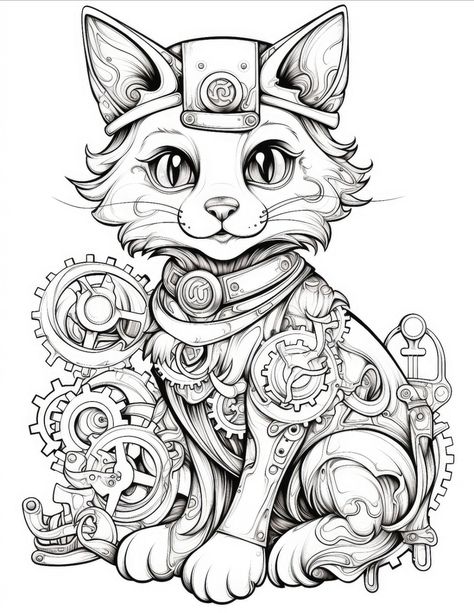 Steampunk cat coloring page for adults from our "Steampunk Coloring Book" which features 50 detailed designs of gears, animals, fashion, cities and more in a mechanical theme. #coloring #coloringbook #coloringbookforadults #coloringforadults #coloringpages #coloringaddict #coloringforgrownups #adultcoloring #adultcoloringbook #steampunk #cat Steampunk Coloring Pages, Steampunk Coloring Book, Steampunk Diy Crafts, Steampunk Coloring, Steampunk Tattoo, Steampunk Animals, Steampunk Cat, Coloring Page For Adults, Cat Coloring