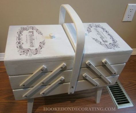 I have seen some that were painted, and looked really cute.  I liked the French graphic on this one. Photo Transfer Onto Wood, Creative Corporate Gifts, Diy Sewing Table, Box Makeover, Wooden Sewing Box, Vintage Sewing Box, Sewing Cabinet, Sewing Storage, Thread Holder