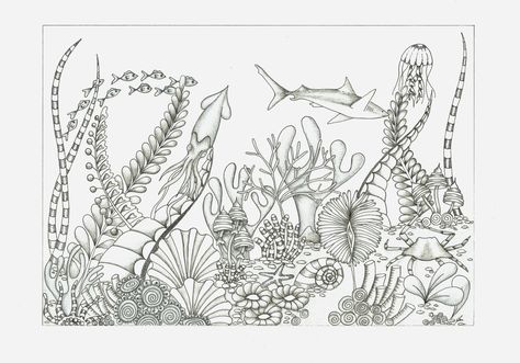 Ecosystem Tattoo, Sea Floor Drawing, Underwater Drawing Pencil, Ocean Drawing Underwater, Under The Sea Tattoo Ideas, Under Water Drawing, Under The Sea Drawing, Drawing Underwater, The Sea Drawing