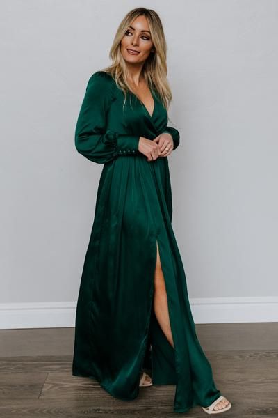 Jenna Satin Maxi Dress in Green | Baltic Born Long Sleeve Green Dress Formal, Fall Wedding Guest Dress Long Sleeve, Green Dress Formal, Green Dress Outfit, Wedding Guest Outfit Winter, Dresses Maternity, Dresses Wedding Guest, Dresses Holiday, Baltic Born