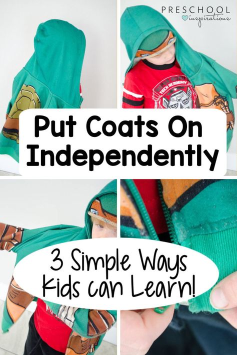 Putting on a coat for a child doesn’t seem so hard…unless you have 10 or 20 students, and you all can’t wait to get outside! Learn 3 simple ways that kids can put on their coats by themselves. #preschoolinspirations #preschool #winter #independentkids #kidscoat Winter Wear Activities For Toddlers, Preschool Clothing Unit, Creative Curriculum Clothes Study, Clothes Study For Preschoolers, Clothing Study Preschool Activities, Clothes Study Creative Curriculum, Preschool Life Skills, Coats With Hoods, Preschool Inspirations