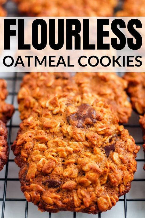 This easy healthy recipe for Flourless Oatmeal Cookies is packed with goodness. Perfect for a healthy snack or dessert, these flourless oatmeal chocolate chips cookies are sweet and chewy. A classic favorite with a gluten free spin. Flourless Healthy Cookies, Flourless Oatmeal Cookies, Oatmeal Chocolate Chips, Flourless Desserts, Chocolate Chips Cookies, School Cookies, Flourless Cookies, Paleo Cookies, Wellness Centre