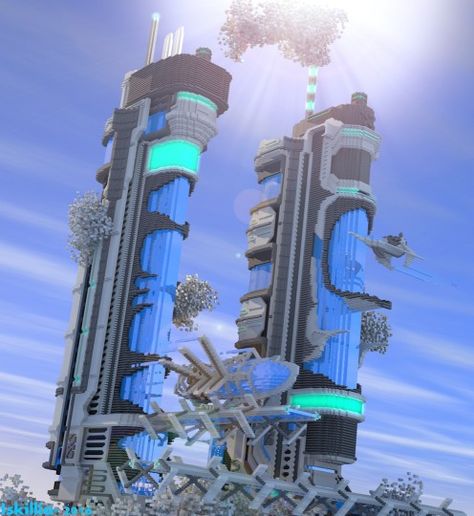 Minecraft Futuristic Castle, Minecraft Space Build, Minecraft Futuristic Building, Futuristic Minecraft, Cyberpunk Minecraft, Minecraft Rocket, Futuristic Tower, Minecraft Cyberpunk, Futuristic Garden