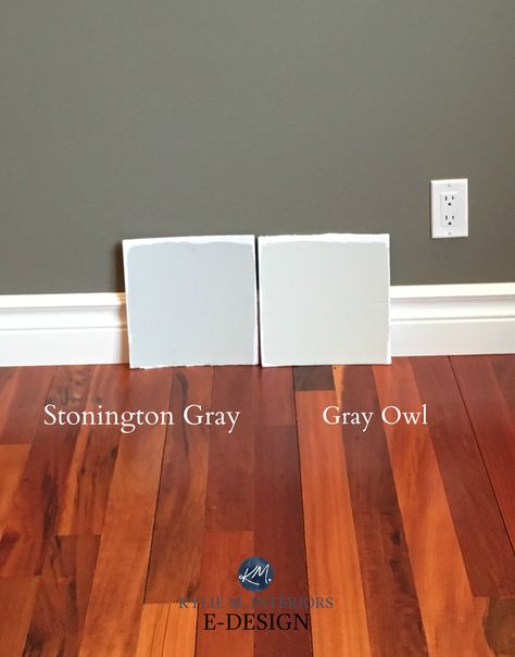 The 16 Best Paint Colours To Go With Oak (or Wood): Trim, Floor, Cabinets and More... - Kylie M Interiors Top Grey Paint Colors, Owl Oc, Benjamin Moore Stonington Gray, Floor Cabinets, Benjamin Moore Grey Owl, Kylie M Interiors, Best Gray Paint, Best Gray Paint Color, Light Grey Paint Colors