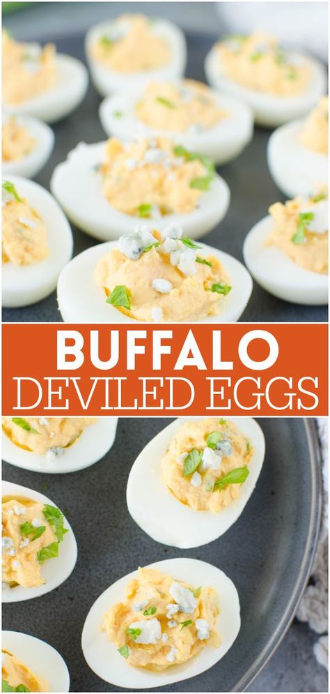 Buffalo Deviled Eggs – spicy buffalo deviled eggs topped with blue cheese. Perfect for a party! Blue Cheese Deviled Eggs, Buffalo Deviled Eggs, Sriracha Deviled Eggs, Thanksgiving Deviled Eggs, Buffalo Sauce Recipe, Spicy Deviled Eggs, Devilled Eggs Recipe Best, Making Hard Boiled Eggs, Best Deviled Eggs