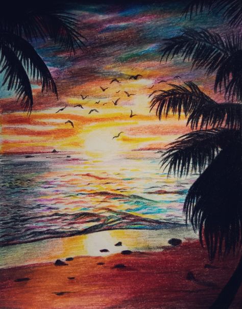 Colored Pencil Beach Drawings, Scenery Drawing Colour Pencil, Sunrise Drawing, Drawing Sunset, Religious Iconography, Sand Drawing, Sea Drawing, Summer Drawings, Beach Drawing