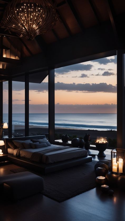 Dark luxury house on a beach House On The Beach Aesthetic, Home Near Beach, Beach Spa Aesthetic, Luxury Resort Aesthetic, Dark Beach House, Dream Beach Houses Luxury, House On A Beach, Luxury Bedroom Aesthetic, Luxury House Near Beach