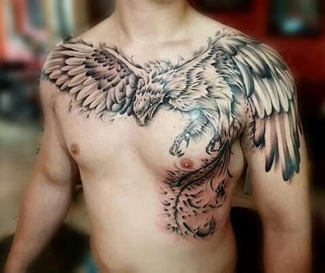 Phoenix Chest Tattoo Men, Phoenix Tattoo Chest, Phoenix Chest Tattoo, Tattoo Chest And Shoulder, Tato Geisha, Phoenix Tattoo Men, Phoenix Tattoo Sleeve, Phoenix Tattoo For Men, Rabe Tattoo