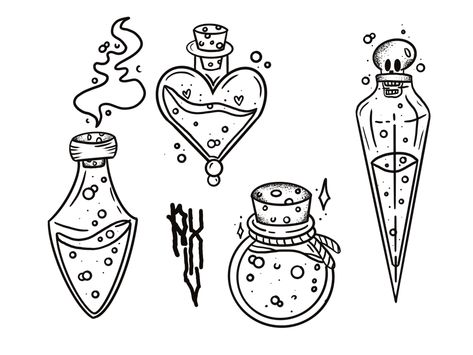 Mini Potion Bottle Tattoo, Potion Bottle Tattoo Ideas, Witch Core Drawing, Tiny Potion Bottle Tattoo, Heart Shaped Bottle Tattoo, Simple Potion Bottle Tattoo Design, Potion Bottle Line Art, Spell Jar Drawing, Cute Potion Bottles Drawing