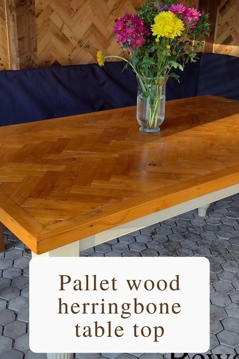 Herringbone Table Top, Pallet Wood Table, Diy Wooden Table, Herringbone Table, Exterior Wood Paint, Herringbone Wall, Wooden Table Top, Old Pallets, Wood Filler