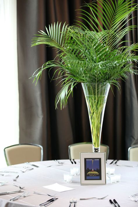 Centerpiece! Palm Leaf Centerpiece, Peacock Wedding Centerpieces, Tropical Centerpieces, Peacock Wedding Theme, Wedding Reception Centerpieces, Simple Centerpieces, Fall Wedding Centerpieces, Reception Centerpieces, Peacock Wedding