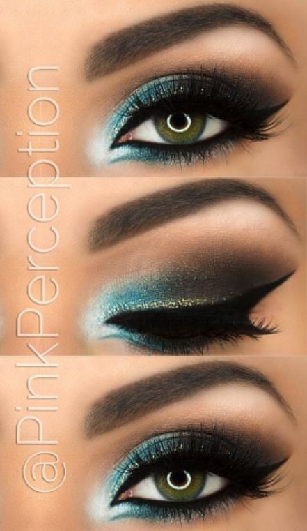 Teal Black Silver Wedding, Black And Turquoise Makeup, Teal Eyeshadow Looks Black Women, Turquoise Makeup Looks, Teal Makeup Looks, Gala Make Up, Turquoise Eye Makeup, Turquoise Makeup, Turquoise Eyeshadow