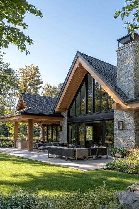 Modern Farmhouse With Stone, Modern Barndominium Ideas Interior, Rustic Modern Farmhouse Exterior, Rustic Modern Cabin Interior, Farmhouse With Stone, Timber Framed Houses, Timber Frame Farmhouse, Modern Farmhouse Sunroom, Sunroom Exterior