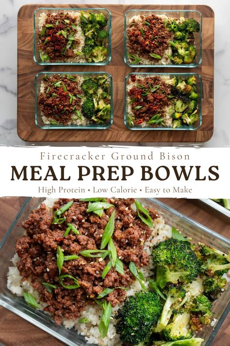 Bison Meal Prep, Bison Meat Recipes, High Protein Bowls, Ground Bison Recipes, Firecracker Sauce, Bison Recipes, Ground Bison, Recipes Meal Prep, Bison Meat