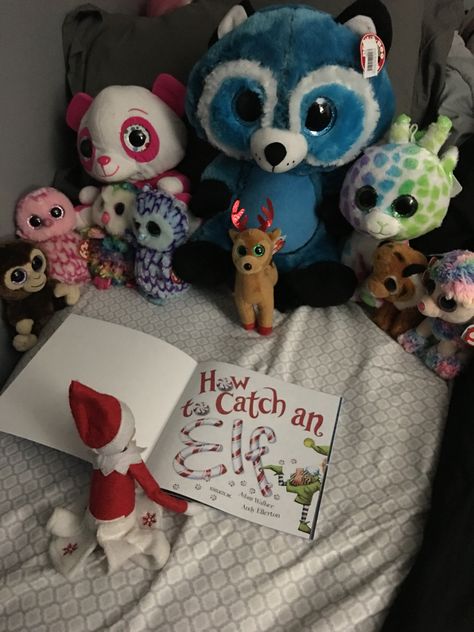 Elf On The Shelf Stuffed Animals, Elf On The Shelf Reading A Book, Elf On The Shelf Squishmallow Ideas, Elf Reading Book, Elf On The Shelf With Stuffed Animals, Elf Shelf, Elf On A Shelf, Holiday Stories, Xmas Elf