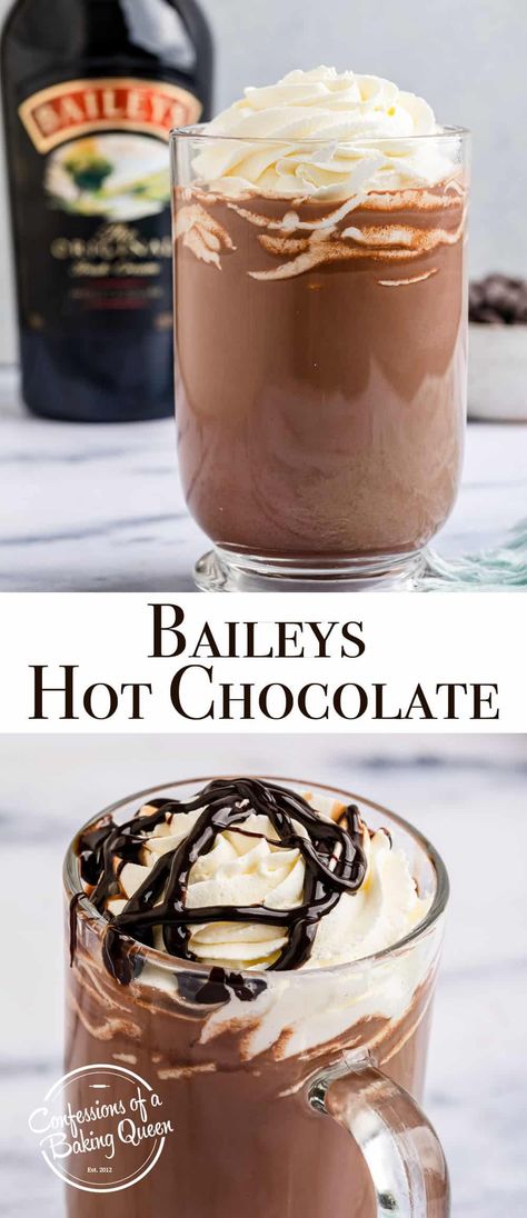 Hot Chocolate With Baileys Recipe, Baileys Hot Drinks, Baileys Recipes Drinks Hot Chocolate, Bailey’s Hot Chocolate, Home Made Baileys Recipes, Hot Chocolate Liquor Drinks, Chocolate Baileys Recipes, Easy Baileys Drinks, Boozy Hot Chocolate Recipe