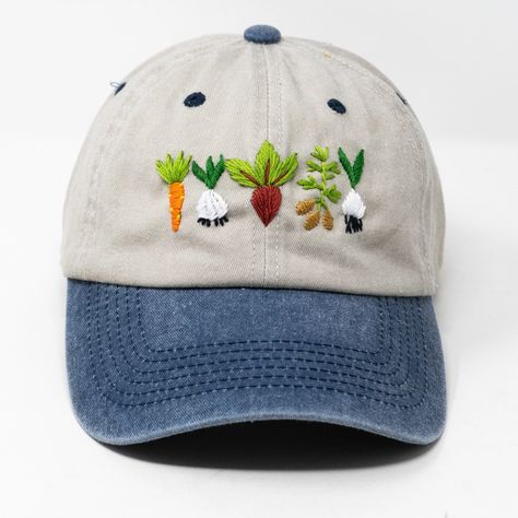 Hand Embroidered Mixed Vegetable Vege Garden Baseball Hat - Etsy Embroidered Baseball Caps Diy, Embroidery On Hats Baseball Caps, Ball Cap Embroidery Ideas, Hand Embroidered Baseball Caps, Embroidered Hat Diy, Embroidery Baseball Caps, Embroidered Hat Ideas, Baseball Hat Embroidery, Embroidered Trucker Hat