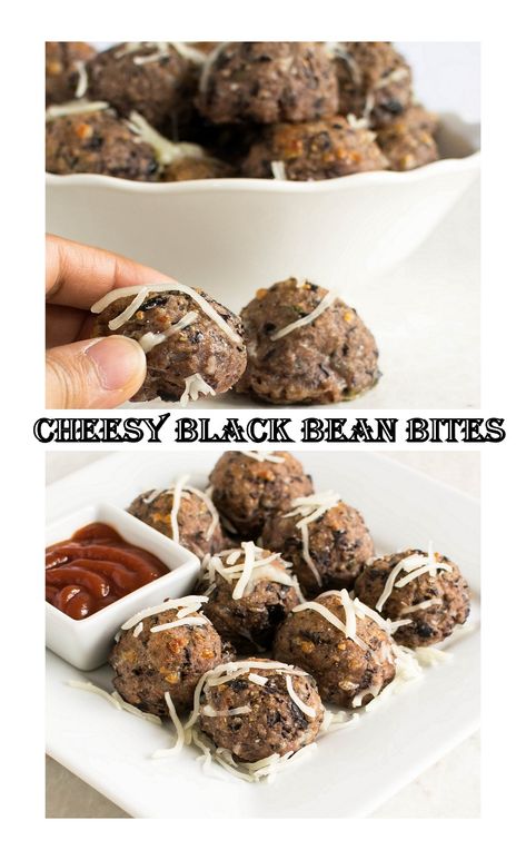 Cheesy Black Bean Bites! Nut free, kid friendly and a great party appetizer. Black Bean Nuggets, Black Bean Meatballs, Cheese Bites Recipe, Vegan Black Bean, Black Bean Recipes, Kid Friendly Snack, Cheese Bites, Canned Black Beans, Great Appetizers