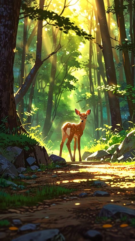 in a forest! #fawn | #deer | #babydeer | #deerwallpaper Deer In Woods Drawing, Deer Art Cute, Deer In Forest Drawing, Deer Digital Art, Forest Illustration Kids, Forest Animal Drawing, Forest Drawing With Animals, Deer Art Illustration, Deer Drinking Water