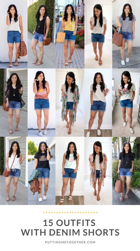 It’s the middle of summer, and I know style can tend to wane when the weather is hot. In case you’re looking for some motivation or inspiration to get dressed, let’s do a quick and easy remix, looking at 15 outfits with comfortable denim shorts! Black Denim Shorts Outfit, Blue Jean Shorts Outfit, Blue Shorts Outfit, Summer Jean Shorts Outfit, Denim Shorts Outfit Summer, Casual Shorts Outfit, Outfits For Short Women, Bbq Outfits, 15 Outfits