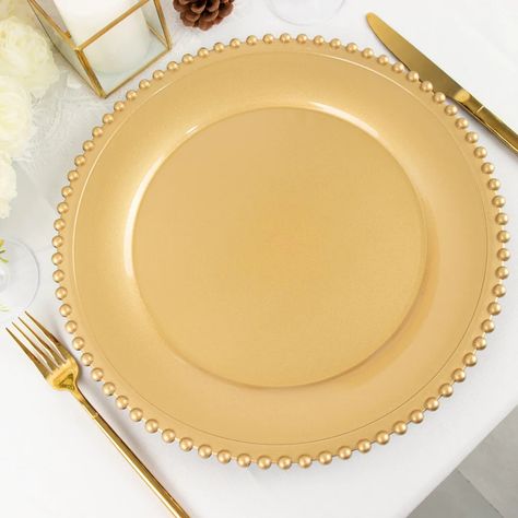 Explore our 6-pack of 12" gold acrylic plastic beaded rim charger plates. Perfect for adding a touch of elegance to your dining. ✓ Get yours now! Acrylic Charger Plates, Disposable Serving Trays, Pipe And Drape Backdrop, Pipe And Drape, Thanksgiving Table Decorations, Acrylic Plastic, Charger Plates, Beaded Trim, Event Catering